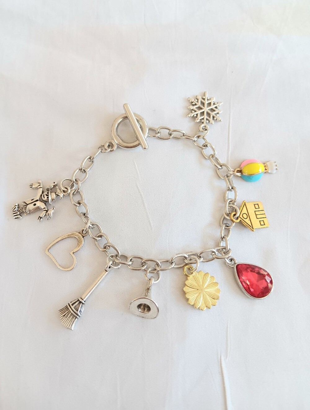 Silver Charm Bracelet with Red Teardrop and Multicolor Bead